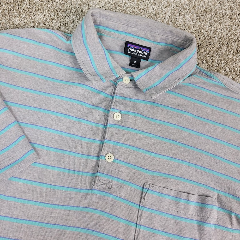 Patagonia Organic Cotton Mens Small Gray Blue Striped Stretch Knit Polo SS